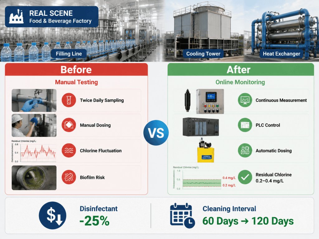 Food beverage plant cooling water online residual chlorine monitoring case