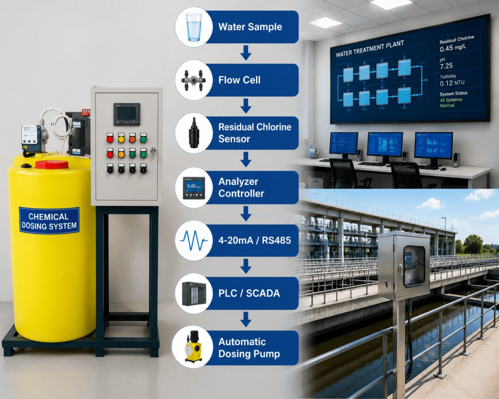 Online residual chlorine monitoring system with PLC automatic dosing control